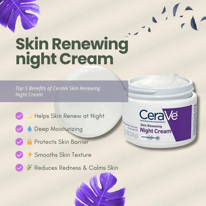 CeraVe Skin Renewing Night Cream jar shown on a light beige background with promotional text and benefit bullet points. The product is a white cream jar with a purple and white label, alongside a white lid and a dollop of cream.