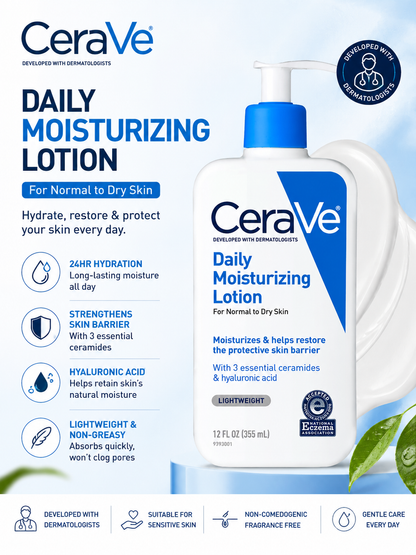 CeraVe Daily Moisturizing Lotion 12 fl oz pump bottle on a white and light blue background with product features and benefits listed on the left.