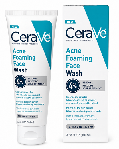 CeraVe Acne Foaming Face Wash shown as a white squeeze tube next to its matching retail box packaging, featuring teal and gray accents.