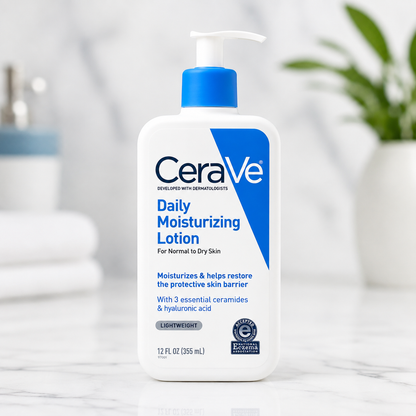 A bottle of CeraVe Daily Moisturizing Lotion for normal to dry skin, featuring a white bottle with a blue pump and blue label accents, set against a softly blurred bathroom background with a marble countertop and a green plant.