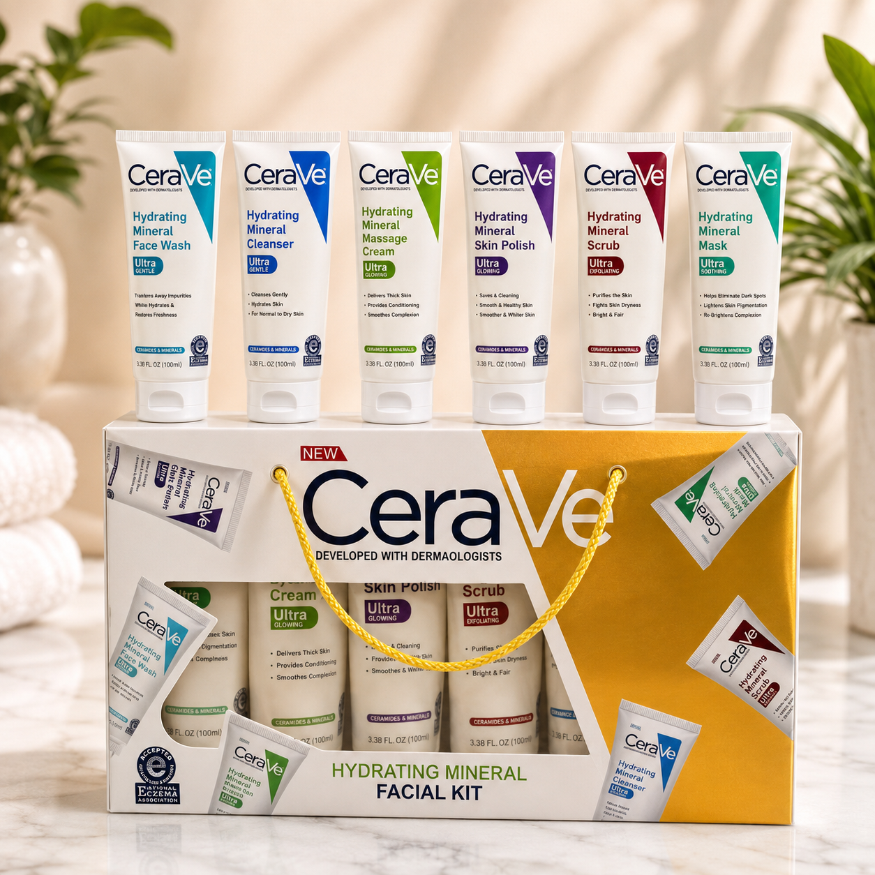 CeraVe Hydrating Mineral Facial Kit containing six facial care tubes displayed on top of their gift box, with a gold rope handle. The set includes face wash, cleanser, cream, skin polish, scrub, and mask.