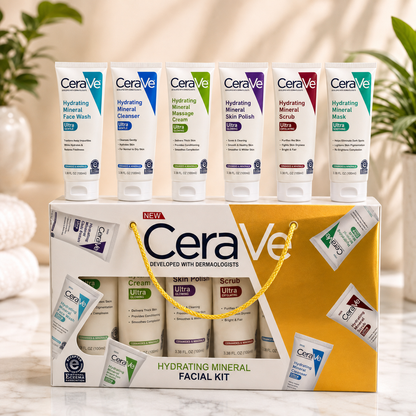 CeraVe Hydrating Mineral Facial Kit containing six facial care tubes displayed on top of their gift box, with a gold rope handle. The set includes face wash, cleanser, cream, skin polish, scrub, and mask.