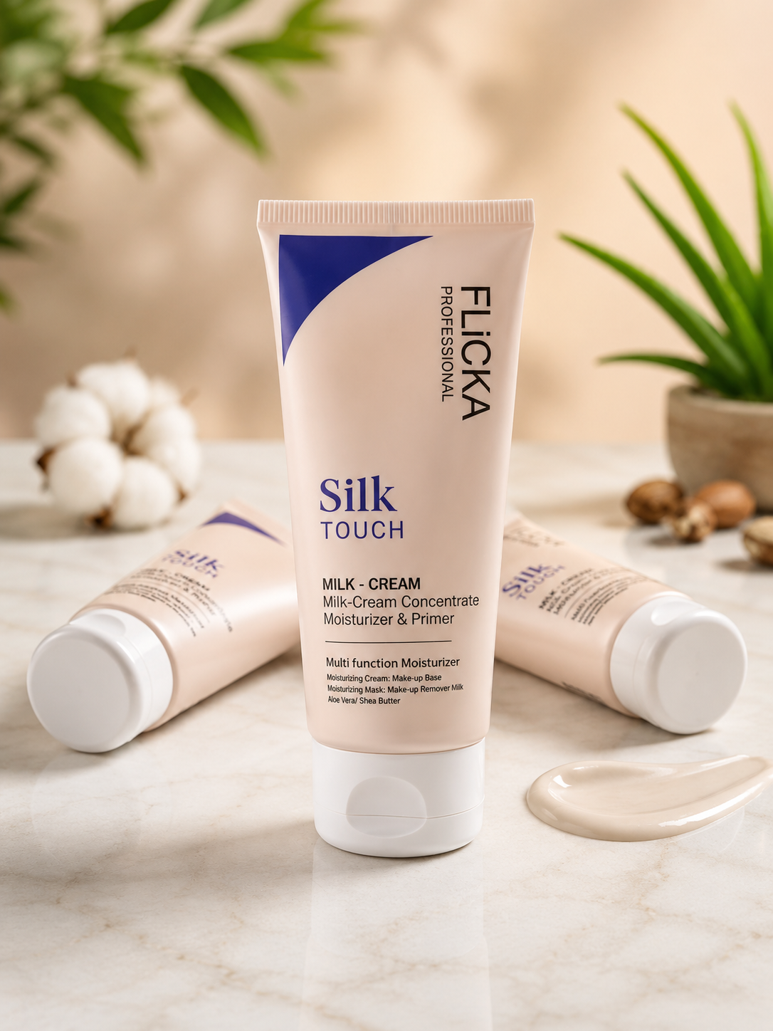 A tube of Flicka Professional Silk Touch Milk-Cream moisturizer and primer stands upright on a marble surface, with two additional tubes lying on their sides and a smear of cream in front. The scene is styled with cotton bolls, nuts, and green plants in a warm, natural setting.