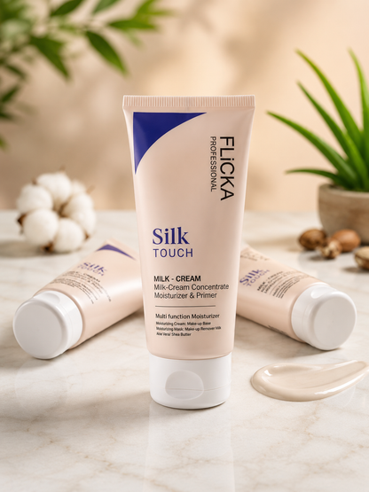A tube of Flicka Professional Silk Touch Milk-Cream moisturizer and primer stands upright on a marble surface, with two additional tubes lying on their sides and a smear of cream in front. The scene is styled with cotton bolls, nuts, and green plants in a warm, natural setting.
