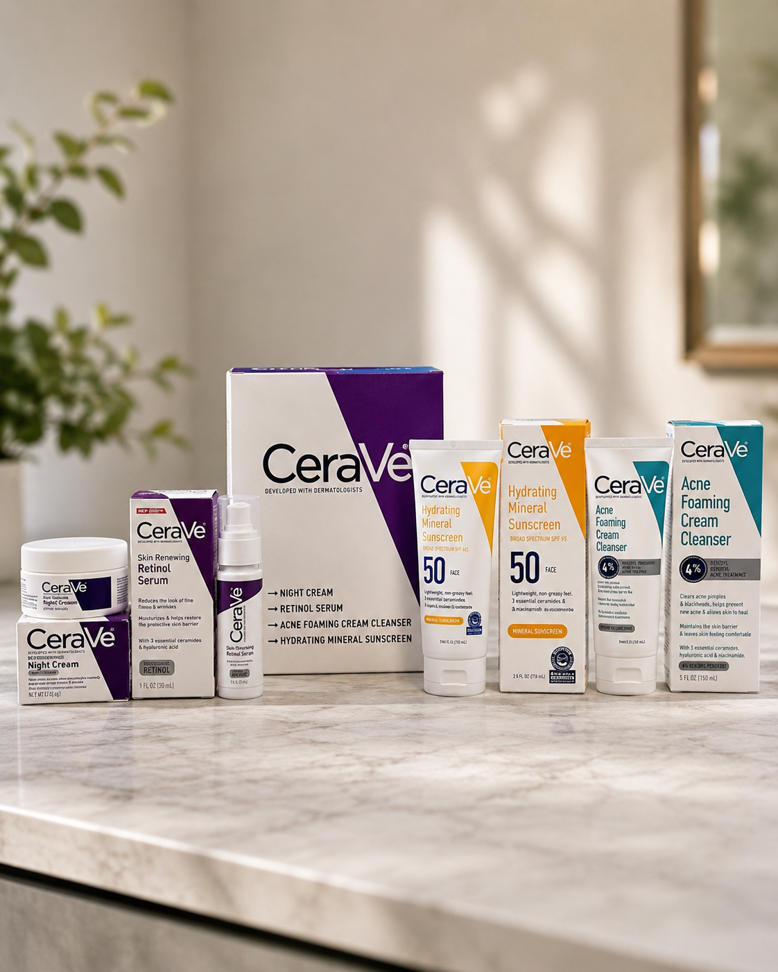 A CeraVe skincare product lineup arranged on a light marble countertop in a softly lit indoor setting. Visible items include a white and purple CeraVe box, a white jar, a small bottle, a white tube labeled 60, a white tube labeled 50, and a white box labeled Acne Foaming Cream Cleanser, with some products in orange packaging accents.