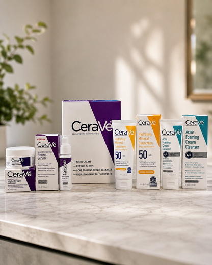 A CeraVe skincare product lineup arranged on a light marble countertop in a softly lit indoor setting. Visible items include a white and purple CeraVe box, a white jar, a small bottle, a white tube labeled 60, a white tube labeled 50, and a white box labeled Acne Foaming Cream Cleanser, with some products in orange packaging accents.