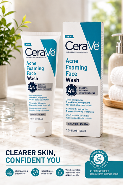 CeraVe Acne Foaming Face Wash shown with its white and teal tube and matching box on a light marble surface, with a softly blurred bathroom setting in the background including a soap dispenser and greenery. A promotional banner at the bottom reads 'Clearer Skin, Confident You' with product benefits.