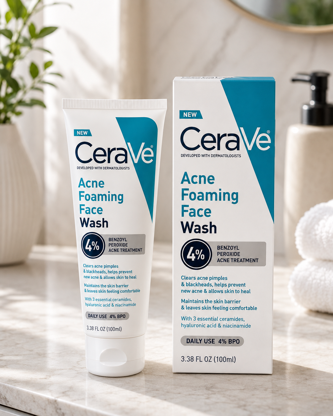 CeraVe Acne Foaming Face Wash shown as a white squeeze tube and matching white-and-blue retail box on a marble countertop, with a softly blurred bathroom background including a soap dispenser and plant.