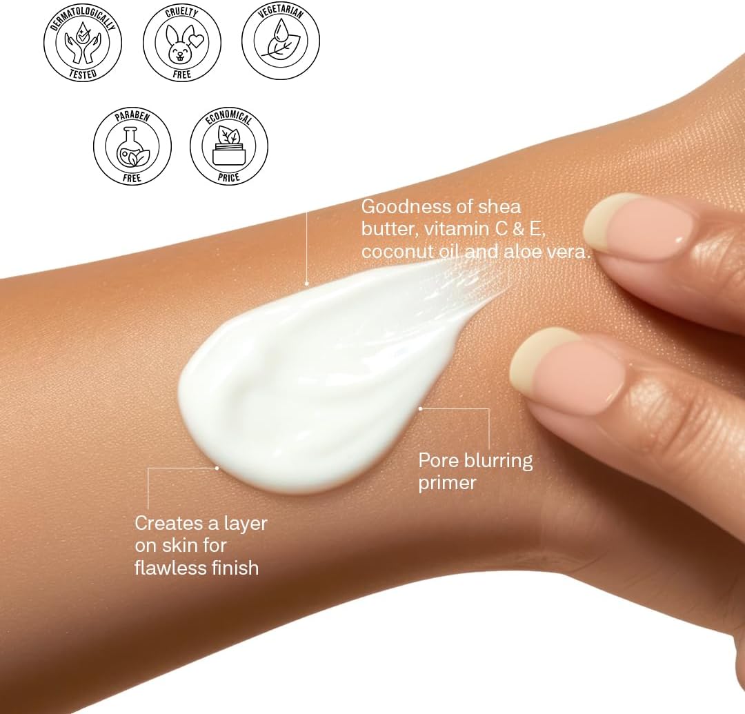 Hand applying a white cream to a wrist with product features highlighted