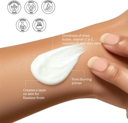 Hand applying a white cream to a wrist with product features highlighted