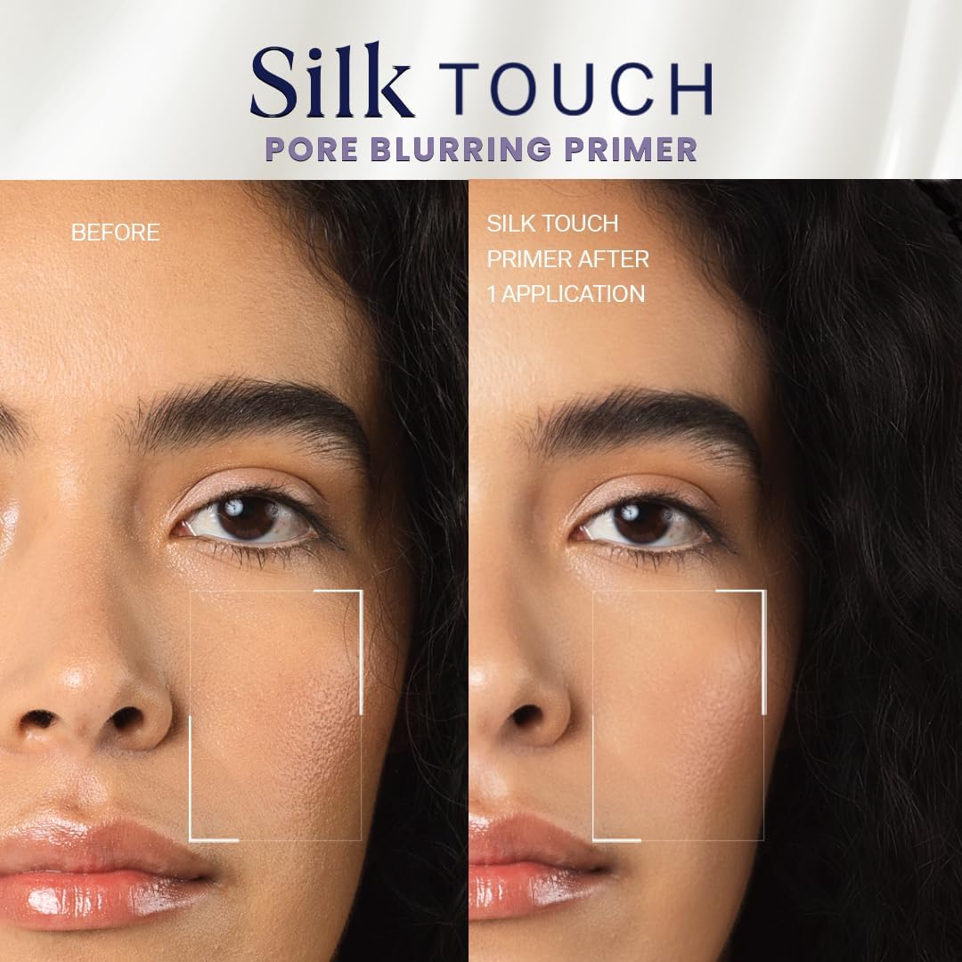 Before and after comparison of Silk Touch Pore Blurring Primer on a woman's face.