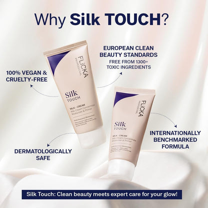 Flicka Silk Touch cream tubes with product features on a light background